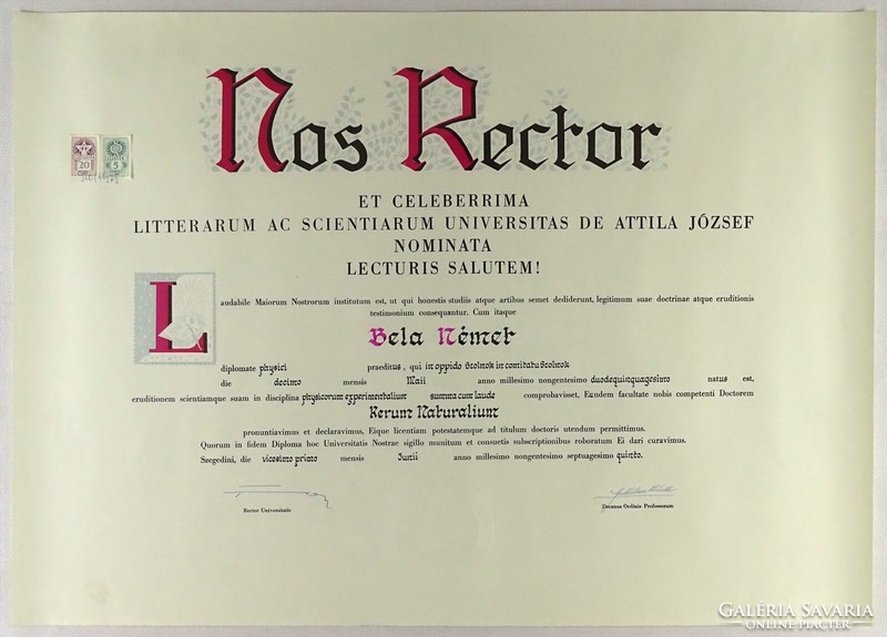 1K099 József Attila Tudományegyetem Szeged : Nos Rector diploma