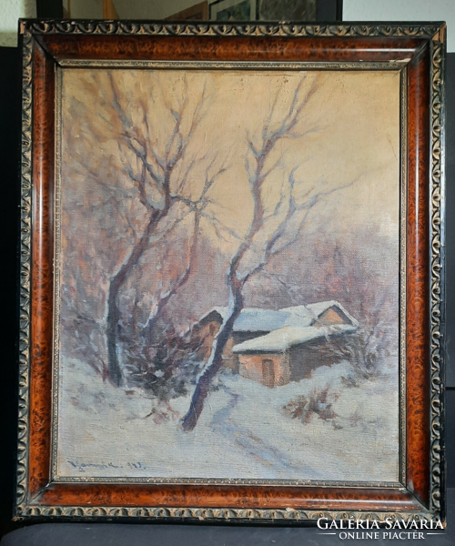 Vitéz sashegyi Kalmán: winter landscape with cottages (framed 70x60 cm, signed) oil on canvas