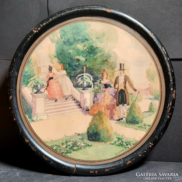 Antique portrait of a nobleman, watercolor, round shape (circle radius 25 cm) social scene 