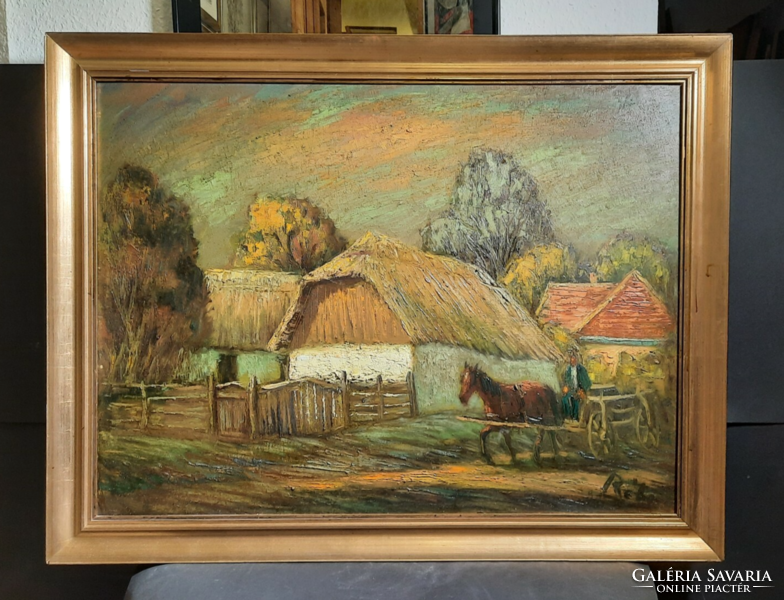 Matthias Réti: rural life (full size 70x90 cm) oil, wood fiber, carriage, horse