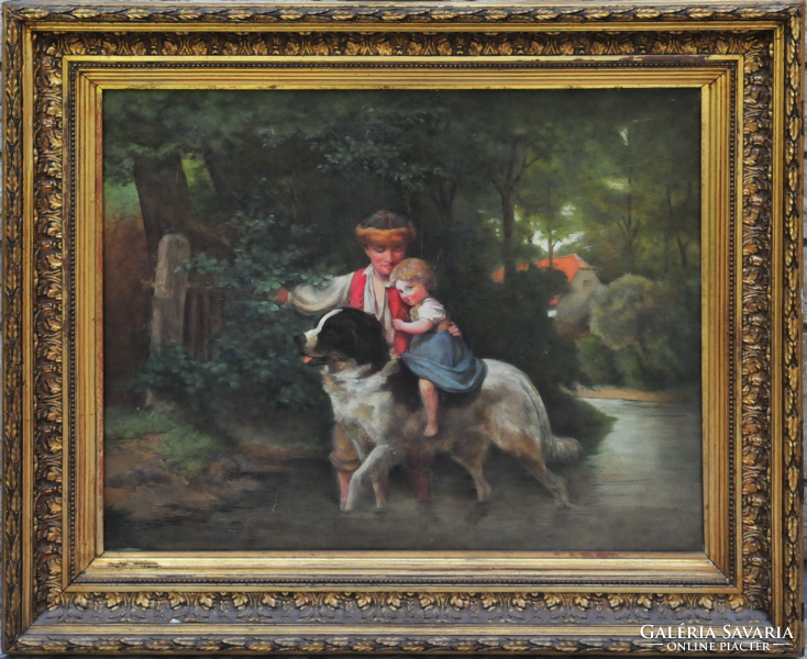Ernst BOSCH követője (1834-1917) : A kislány lovagol egy bernáthegyin (1873)