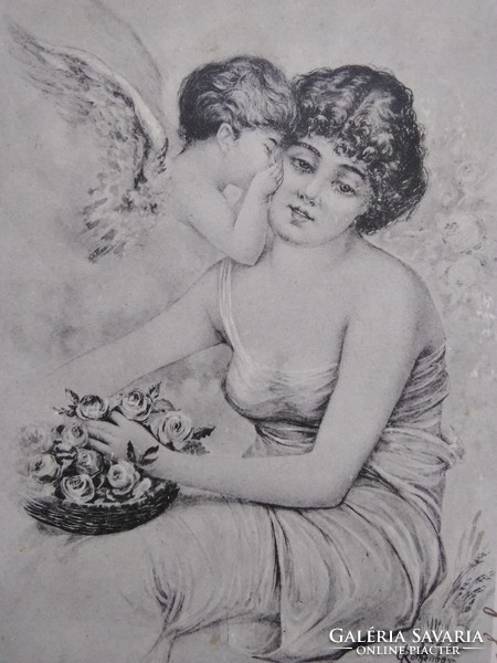 Antik/szecessziós, hosszúcímzéses grafikus képeslap/üdvözlőlap angyal, hölgy, rózsa 1901