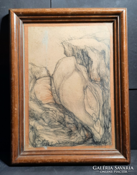Abstract pencil drawing with graphite - 1921 (with frame 37x28 cm) unidentified mark, 