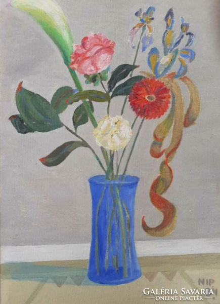 István pál Nolipa: flower in a vase, 1984 original marked oil on canvas - still life