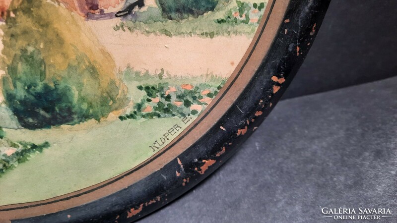 Antik nemesi életkép, akvarell, kerek formájú (kör sugara 25 cm) társasági jelenet "KLOPER E."