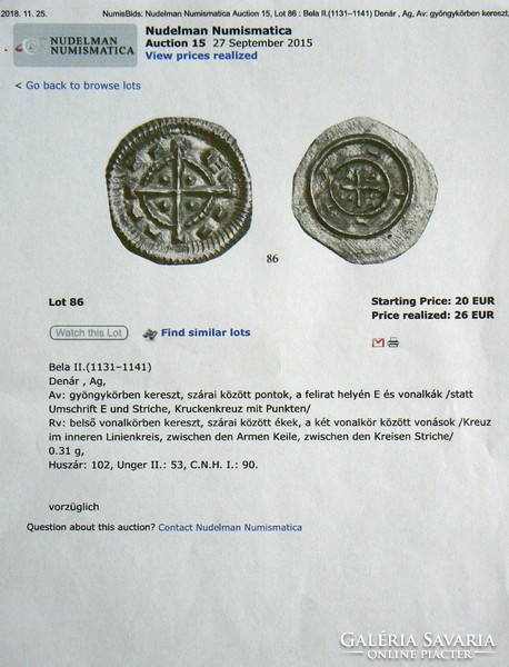 II. Béla silver denarius éh 53. (1131-1141) Unc. (Two dots!) Original!!!