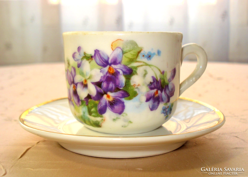 Violet-patterned mocha cup and Zsolnay saucer