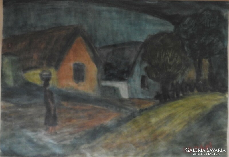 Watercolor with Czóbel mark - picture of village life