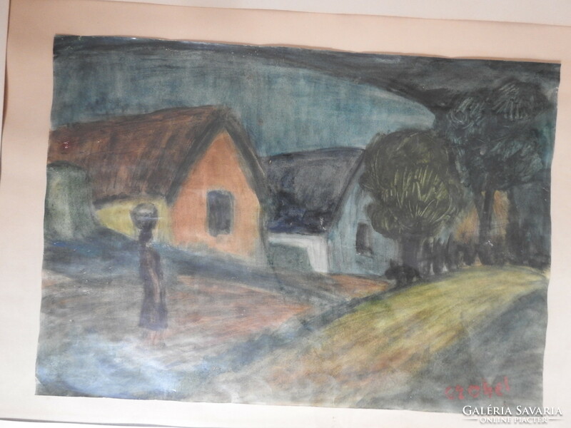 Watercolor with Czóbel mark - picture of village life