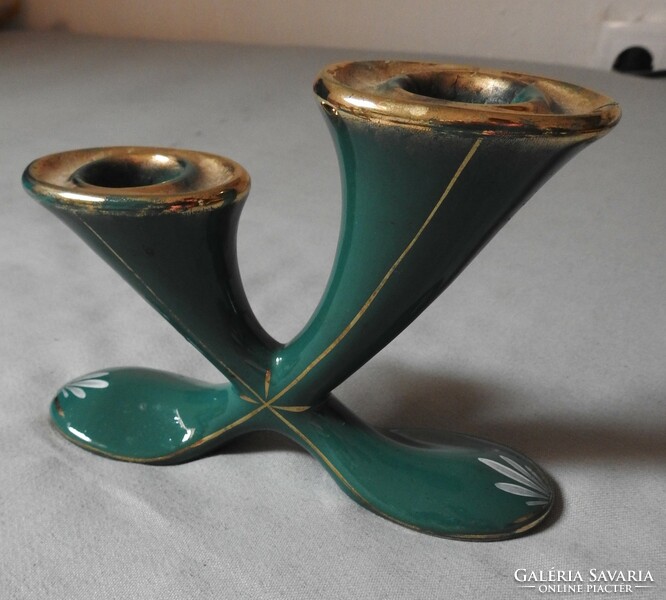 Table two-pronged green ceramic candle holder - hand painted - with gold painting