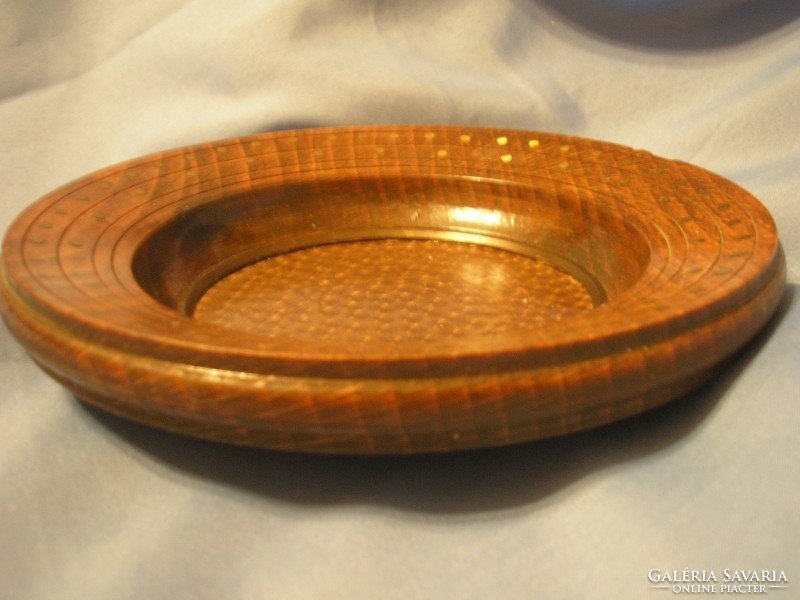 Decorative bowl embedded in wood + copper, unique professional heavy work with decoration 14 cm