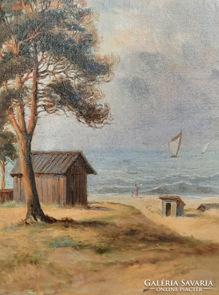 Waterside landscape with sailboats (oil painting) waves, sea