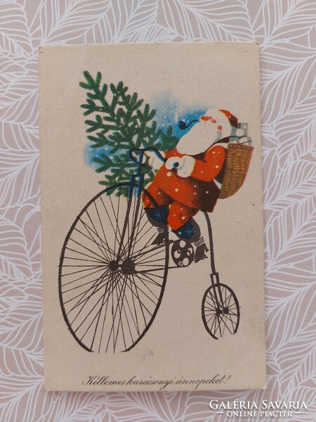 Régi karácsonyi rajzos képeslap Mikulás levelezőlap Télapó velocipéd