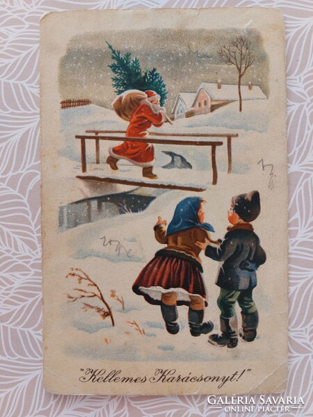 Old Christmas postcard 1954 Santa Claus postcard Santa Claus snowy landscape