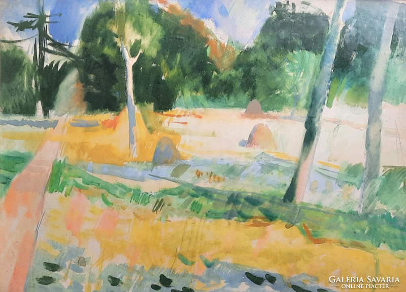 Dénes Gulyás (1927-2003): park (watercolor from 1958) labeled - serene, sunny landscape
