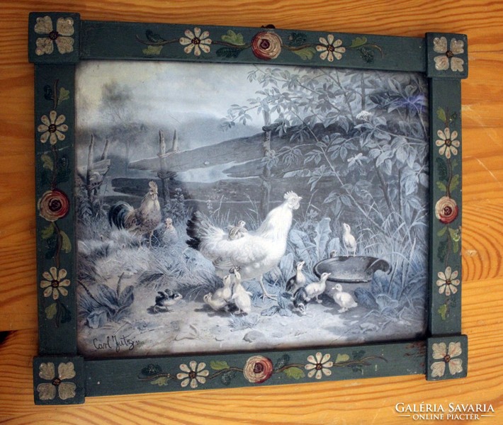 Chicken print in ornate wooden frame