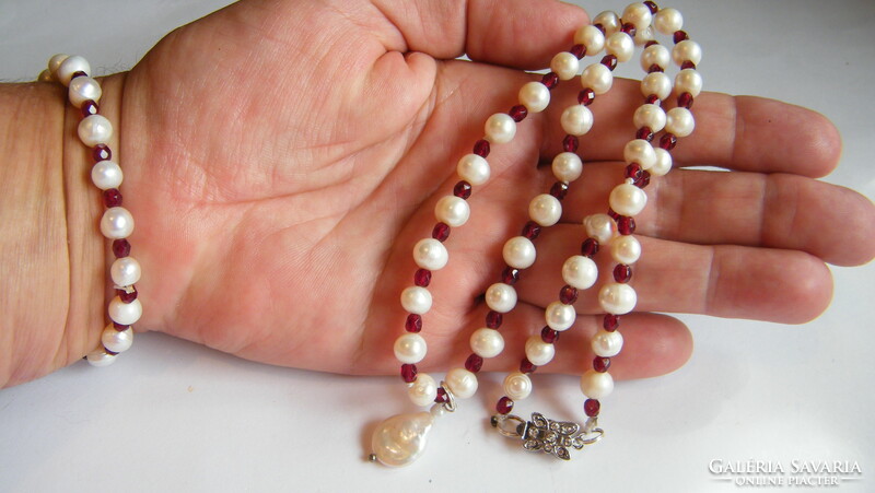 Real pearl and garnet necklace set