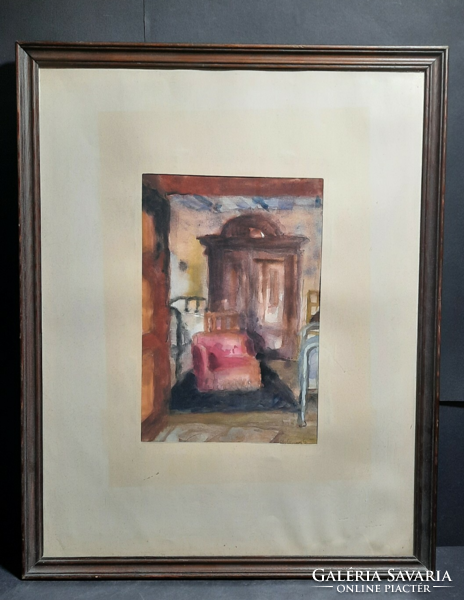 Akvarell enteriőr (méret kerettel 54x42 cm) szobabelső, "Urbánszki" ? jelzéssel