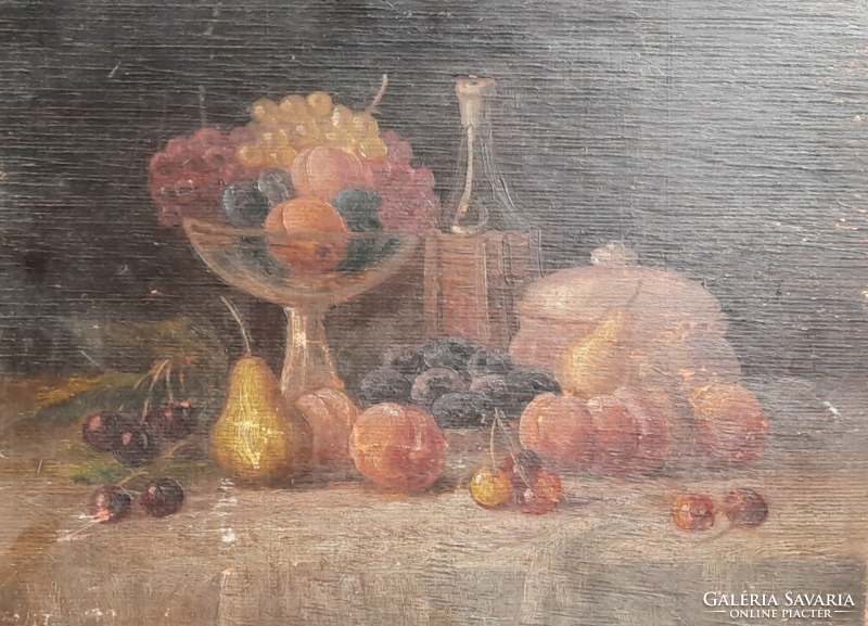 Antique fruit still life (oil, wood, 33x44 cm) with grapes, pears, peaches, glass