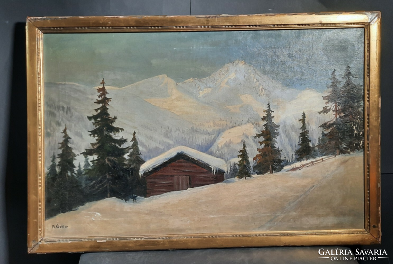 M. KISTLER: Havas csúcsok (olaj-vászon 85x54 cm) téli tájkép házikóval, fenyők a hegyekben
