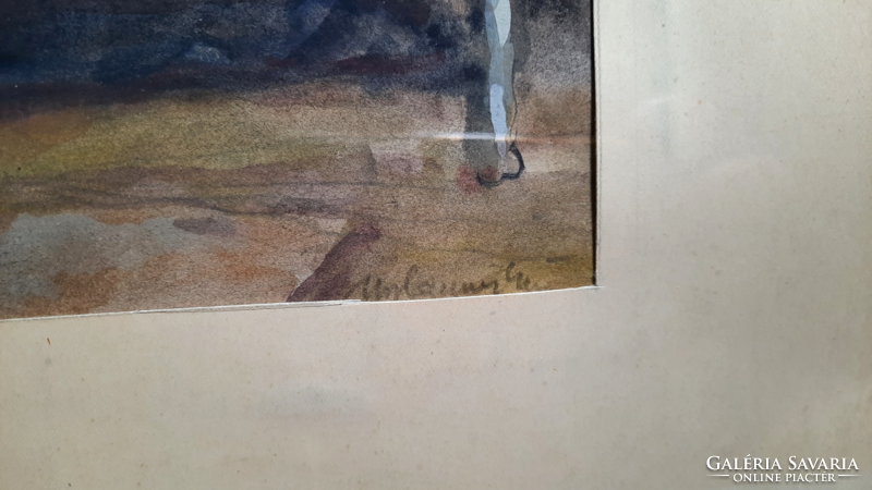 Akvarell enteriőr (méret kerettel 54x42 cm) szobabelső, "Urbánszki" ? jelzéssel