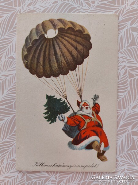 Old Christmas cartoon postcard Santa Claus parachute postcard Santa Claus