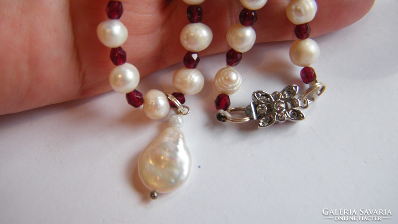 Real pearl and garnet necklace set