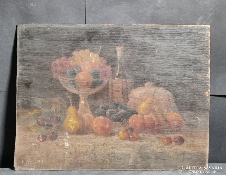 Antik gyümölcs-csendélet (olaj, fa, 33x44 cm) szőlővel, körtével, barackkal, üveggel