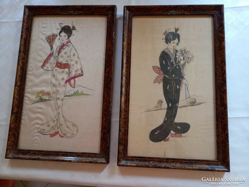 2 pcs 1 price hand-painted silk gesa under glass in a frame.