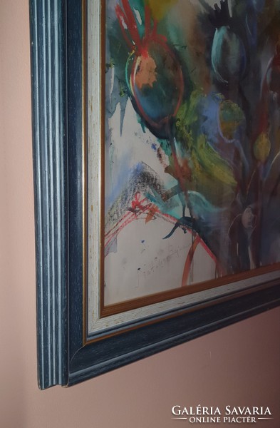 Natalia Bejenaru nagyméretű festmény, dekoratív üvegezett keretben 63x83 cm