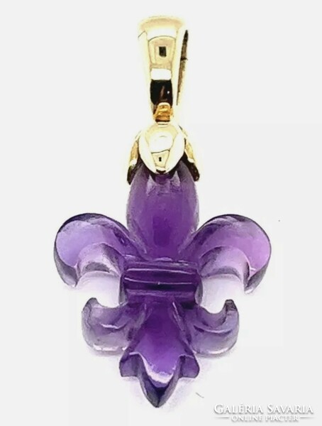 Hand Carved Amethyst Lily Gemstone 9K Yellow Gold Pendant - New