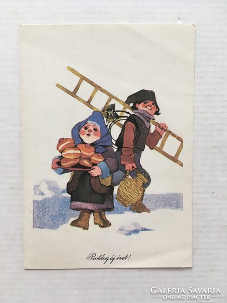 2db régi, retro postatiszta rajzos "Boldog új évet!" képeslap - grafika: Foky Ottó, Tomaska Irén