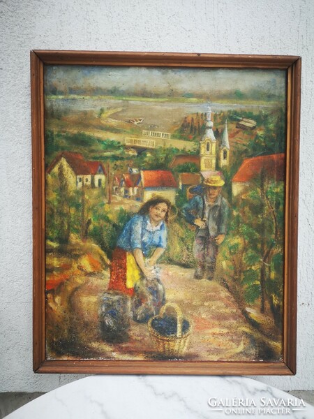 Festmény, szuüret a hegyoldalban, háttérben Duna.