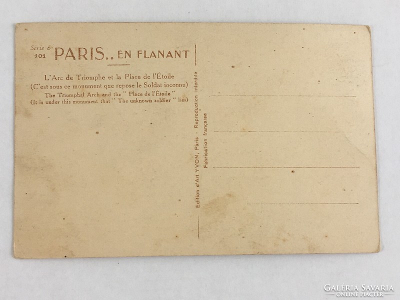 Antik, régi, postatiszta, francia képeslap - Párizs, Diadalív '20-as / '30-as évek