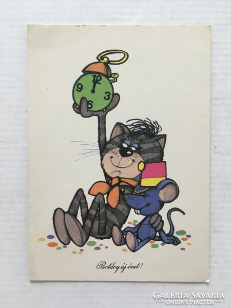 2db régi, retro postatiszta rajzos "Boldog új évet!" képeslap - grafika: Foky Ottó, Tomaska Irén