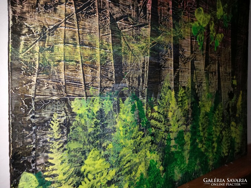 "Erdő mélyén-absztrakt"festmény farostlemezen 40 x 54 cm