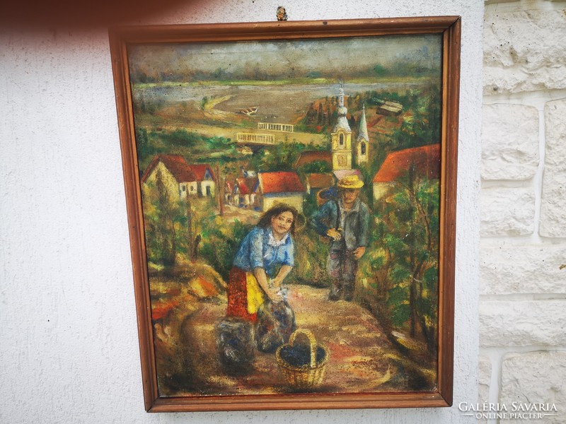 Festmény, szuüret a hegyoldalban, háttérben Duna.