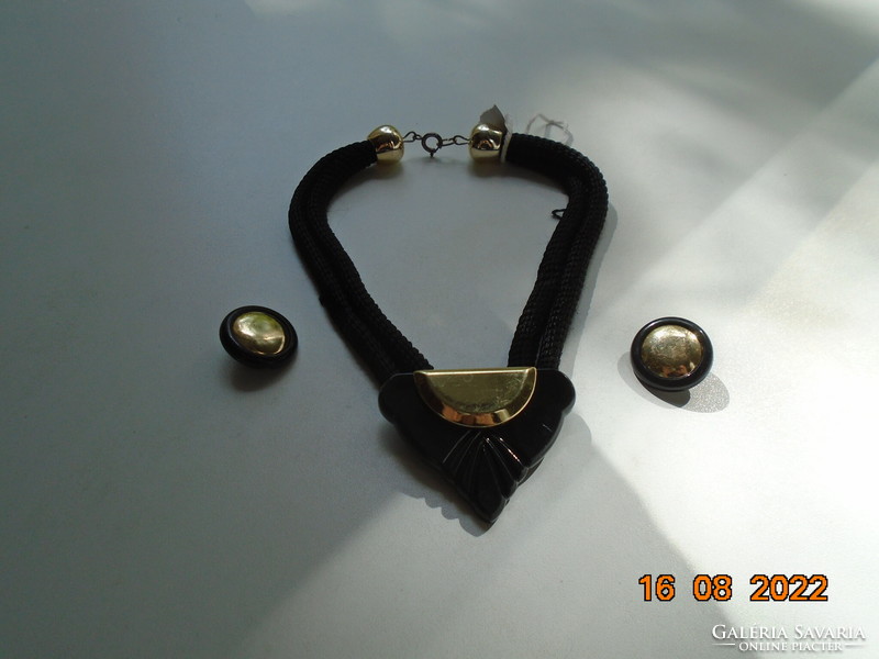 Never worn black and gold choker with blue clip earrings