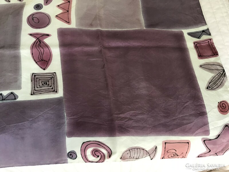 Huge hand-rolled silk scarf in pale aubergine colors, 106 x 104 cm