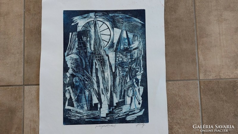 Rare etching by András Károlyi 29x40 cm, the etching with passepartout 43x60 cm