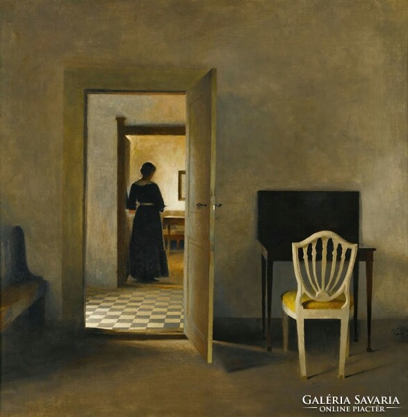 Peter ilsted - interior with white chair and woman in black dress - blindfold canvas reprint