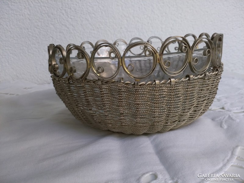 Filigree braided silver-plated serving glass bowl