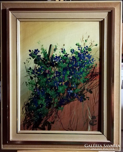 Violets - marked oil painting, 30 x 40 cm + frame