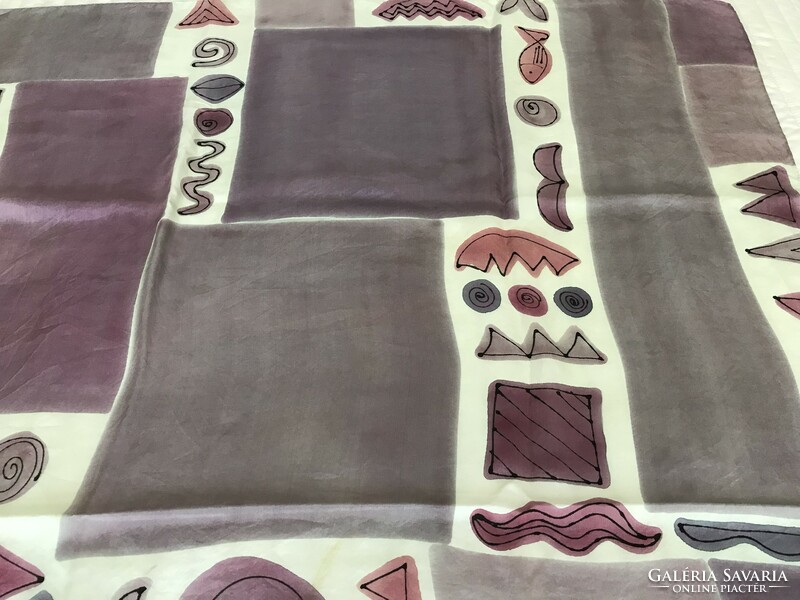 Huge hand-rolled silk scarf in pale aubergine colors, 106 x 104 cm