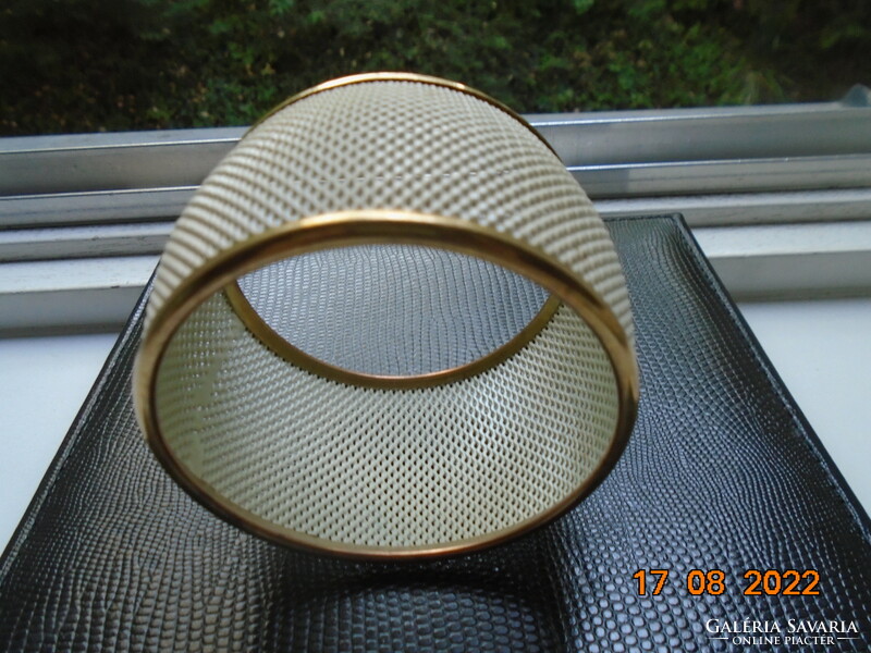 Cream-colored enameled metal wide grid bracelet with gold-plated rim