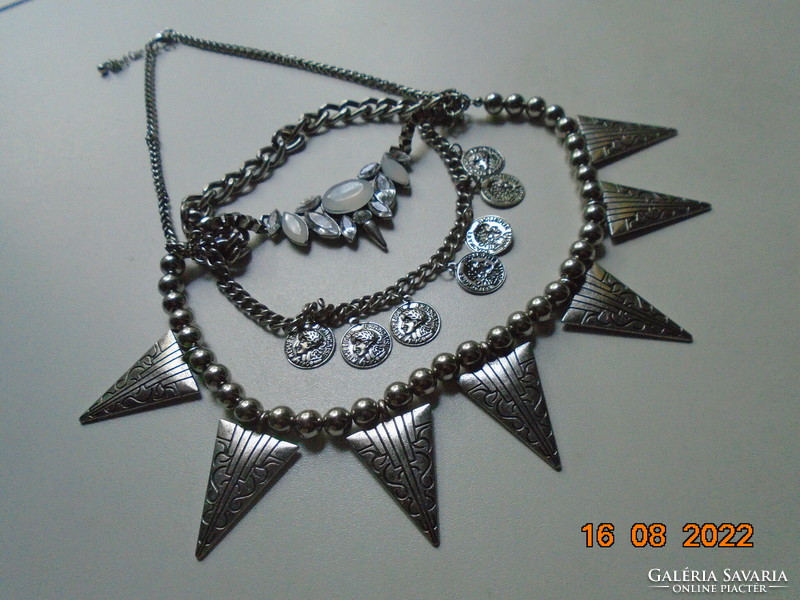 4-row silver-plated necklace with niello chiseled spear tip, stone pendant, coins, metal pearl
