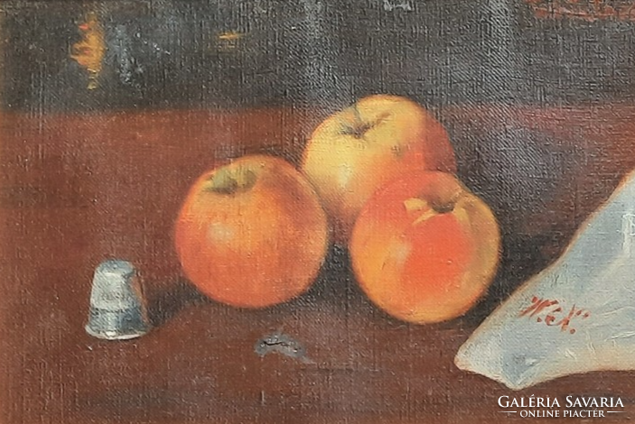 Apple still life with thimble, in a nice frame - oil, canvas, unidentified mark, fruit still life