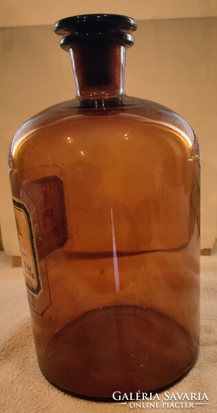 Antique 29 cm German apothecary amber glass with label and stopper