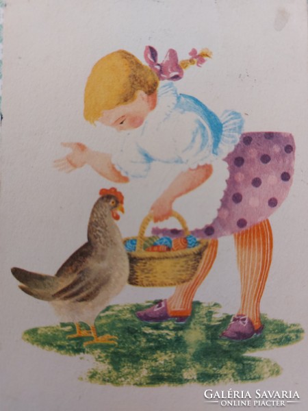 Régi húsvéti képeslap tyúkos kislányos levelezőlap
