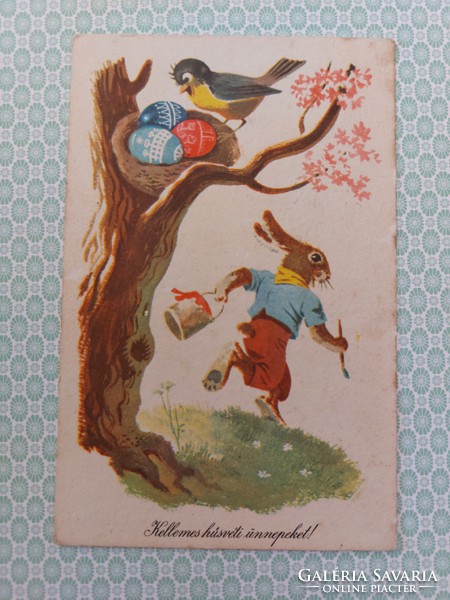 Old Easter picture postcard 1959 bunny bird postcard